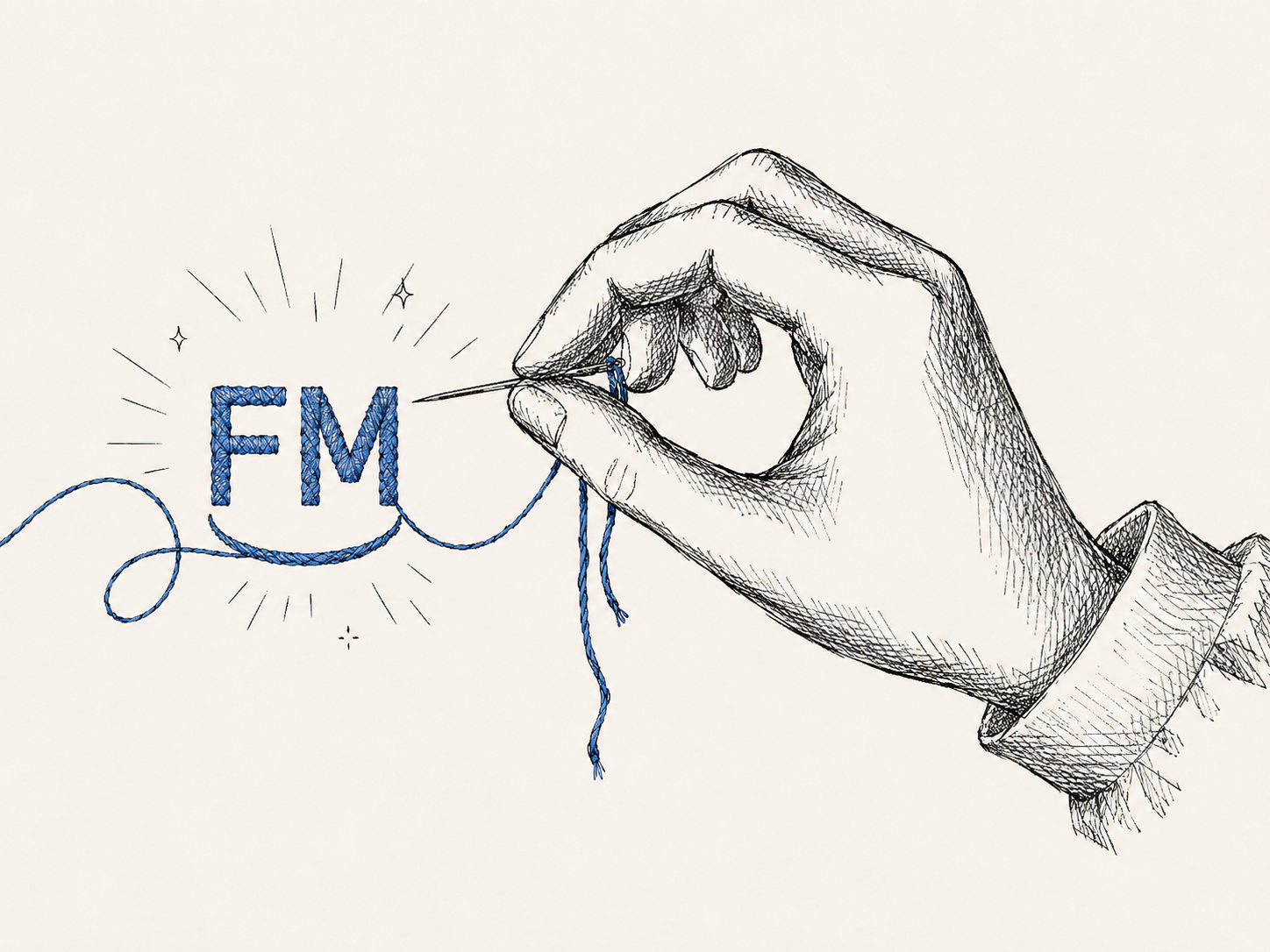 Hand-drawn illustration of a needle threading FM in blue thread