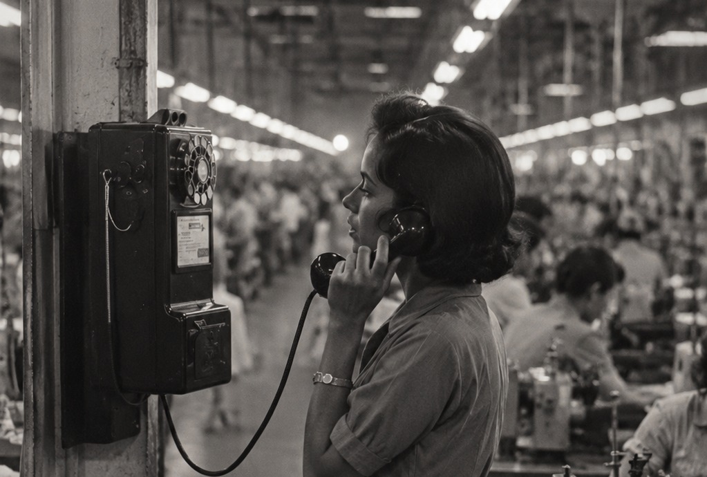 A woman answers a factory-floor telephone